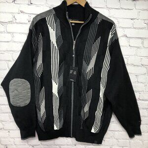 SilverSilk Luxe Designer Cardigan Sweater Black Gray Elbow Patches Full Zip XL